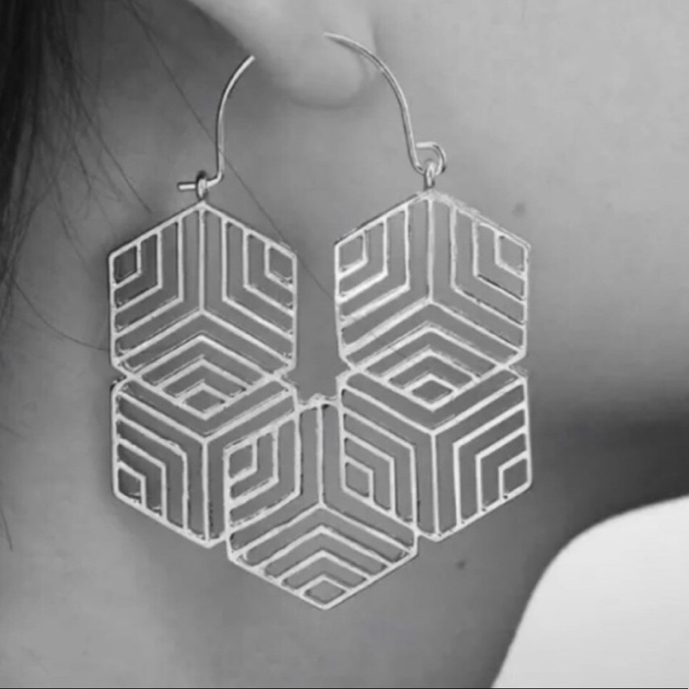 ANTHROPOLOGIE SILVER hexagon Drop HOOP EARRINGS - Picture 3 of 5